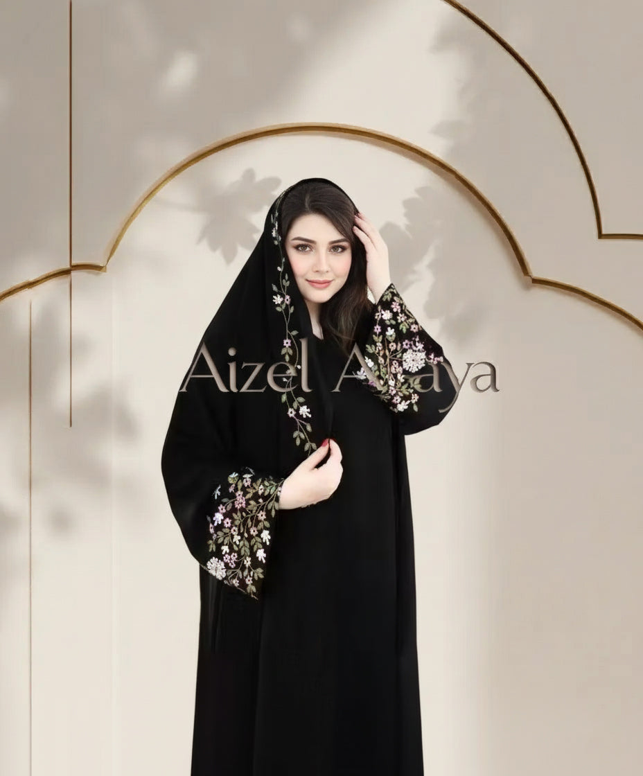 Floral Hand Embroidered Black Abaya with Dupatta – Elegant Firdous Fabric